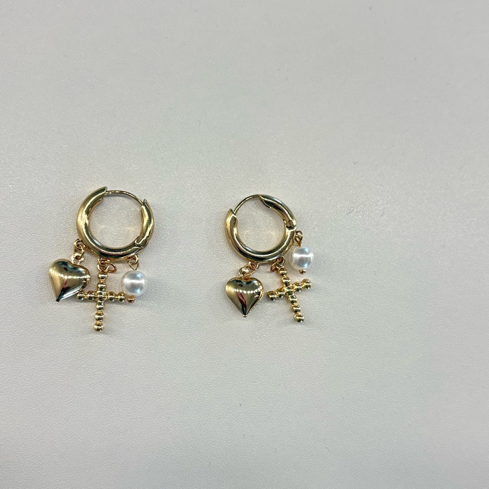 Francesca's Collections Gold and Pearl Heart Cross Earrings